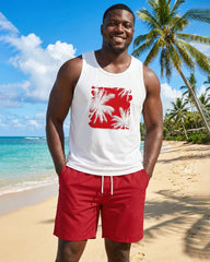 Hawaii Simple Party Party Carnival Red & White Silhouette Front Printed Tank Top Shorts Set Large Size Men