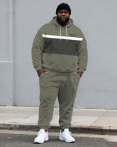 Large Size Men's Autumn And Winter Warm Cold-proof Gentleman Fog Green Color-block Small Label Printed Kangaroo Large Pocket Hoodie Sweatpants Set