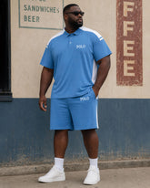 Big & Tall Men's Blue Side Stitching Contrast Casual Simple POLO Shirt Short Sleeve Shorts Set