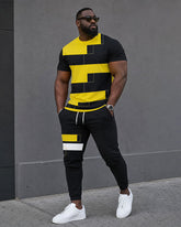 Big & Tall Men's Casual Simple Hiking Daily Yellow Irregular Square Printed Short Sleeve T-shirt Sports Pants Set