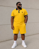 Big & Tall Men's Black & Yellow Contrast Stitching Chest Printing Simple Casual Daily POLO Shirt Short Sleeve Shorts Set