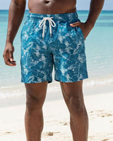 Big & Tall Men's Summer Vacation Swimming Fitness Blue Tropical Plant Print Swim Trunks/Shorts