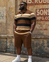 Big & Tall Men's Brown & Khaki Classic Coarse Stripe Color Matching Short Sleeve POLO Shirt Shorts Set