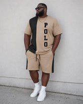 Big & Tall Men's Casual Simple Daily Black & Khaki Contrast Color Stitching Large Slogan Printed T-Shirt Shorts Set