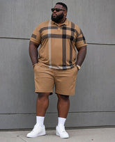 Big & Tall Men's Khaki Classic Large Plaid Daily Leisure Summer Vacation Party POLO Shirt Short Sleeve Shorts Set