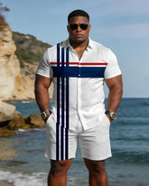 Big & Tall Men's Spring And Summer New Casual Vacation Striped Printed White Short Sleeve Shirt And Shorts Set