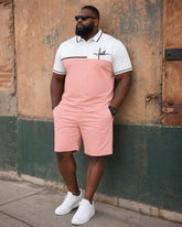 Big & Tall Men's White & Pink Chest Letter Print POLO Shirt Short Sleeve Shorts Set