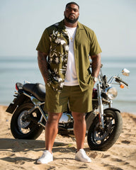 Big & Tall Men's Hawaiian Holiday Green Contrast Printed Cardigan Short Sleeve Shirt Shorts Set