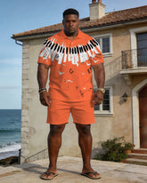 Large Size Men's Spring And Summer Leisure Vacation Business Party Orange & White Music Pattern Short Sleeve POLO Shirt Shorts Set