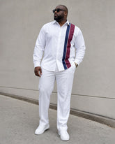 Big & Tall Men's White Simple Contrast Color Business Leisure Travel Party Long Sleeve Shirt Pants Set