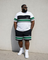 Big & Tall Men's Daily Travel Leisure Holiday Party White & Green & Black Striped Short Sleeve T-Shirt Shorts Set