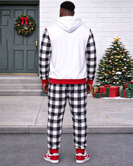 Large Size Men's Autumn And Winter Warm Christmas Plaid Stitching Chest Large Printed Hoodie Sweatpants Set