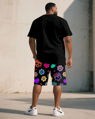 Large Size Men's Flower & Skull Thin Hip-Hop Print Short Sleeve T-Shirt Shorts Set
