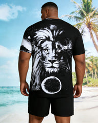 Big & Tall Men's Lion King Pattern Positioning Print Black Short Sleeve T-Shirt Shorts Set
