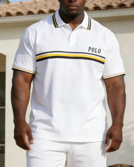 Business Casual Daily Everyone White Short Sleeve Polo Shirt Shorts Set Large Size Men