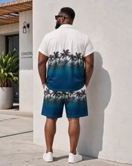 Big & Tall Men's White & Blue Hawaiian Landscape Print Short Sleeve Button-Up Shirt Shorts Set