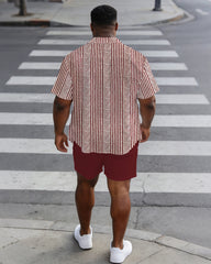 Men's Large Size Red Business Casual Short Sleeve Shirt Shorts Set