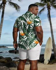 Big & Tall Men's Hawaiian Holiday Style Green Plant Pattern Short Sleeve Shirt Shorts Set