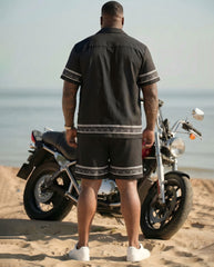 Big & Tall Men's Simple Holiday Casual Hawaiian Black Short Sleeve Cardigan Shirt Shorts Set
