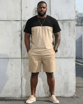 Big & Tall Men's Black & Khaki Simple Daily Holiday Short Sleeve T-Shirt Shorts Set