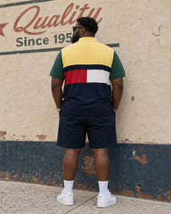 Big & Tall Men's Simple Geometric Stitching Contrast Button POLO Shirt Short Sleeve Shorts Set