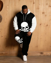 Large Size Men's Autumn And Winter Warm Cold-proof Black & White Sleeves Contrast Color Skull Figure Printed Hoodie Sweatpants Set