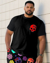 Large Size Men's Flower & Skull Thin Hip-Hop Print Short Sleeve T-Shirt Shorts Set
