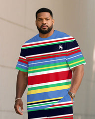 Big & Tall Men's Rainbow Striped Summer Chest Pony Print T-Shirt Shorts Set