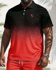 Big & Tall Men's Black & Red Feature Gradient Chest Small Label Printed POLO Shirt Short Sleeve Shorts Set