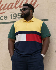 Big & Tall Men's Simple Geometric Stitching Contrast Button POLO Shirt Short Sleeve Shorts Set