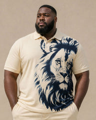 Big & Tall Men's Daily Leisure Holiday Party Large Lion Positioning Printed POLO Shirt Short Sleeve Shorts Set