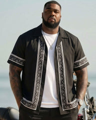 Big & Tall Men's Simple Holiday Casual Hawaiian Black Short Sleeve Cardigan Shirt Shorts Set