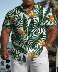 Big & Tall Men's Hawaiian Holiday Style Green Plant Pattern Short Sleeve Shirt Shorts Set