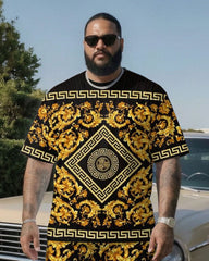 Big & Tall Men' Luxury Classic Baroque Print Short Sleeve T-Shirt Shorts Set