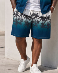 Big & Tall Men's White & Blue Hawaiian Landscape Print Short Sleeve Button-Up Shirt Shorts Set