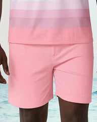 Big & Tall Men's Pink Stripe Simple Chest Small Label POLO Short Sleeve Shorts Set