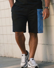 Big & Tall Men's Black & Imitation Denim Fabric Contrast Stitching T-Shirt Shorts Set