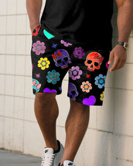 Large Size Men's Flower & Skull Thin Hip-Hop Print Short Sleeve T-Shirt Shorts Set