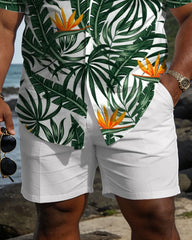 Big & Tall Men's Hawaiian Holiday Style Green Plant Pattern Short Sleeve Shirt Shorts Set