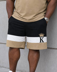 Big & Tall Men's Daily Leisure Simple Holiday Party Black & White & Khaki Chest King Printed Short Sleeve T-Shirt Shorts Set