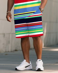 Big & Tall Men's Rainbow Striped Summer Chest Pony Print T-Shirt Shorts Set