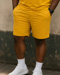 Big & Tall Men's Yellow & White Contrast Pinstripe Patchwork Printed POLO Shirt Short Sleeve Shorts Set