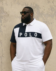 Big & Tall Men's Irregular Geometric Contrast Color Letter Printed POLO Shirt Short Sleeve Shorts Set