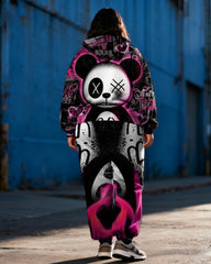 Women's Plus Size Rose Graffiti Bear Print Cardigan Hoodie Set
