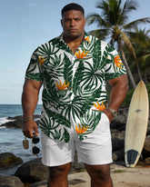 Big & Tall Men's Hawaiian Holiday Style Green Plant Pattern Short Sleeve Shirt Shorts Set