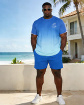 Men's Large Size Blue Gradient Chest Hawaiian Print Short Sleeve T-Shirt Shorts Set
