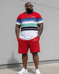 Big & Tall Men's Daily Leisure Travel Party Red Striped Short Sleeve T-Shirt Shorts Set