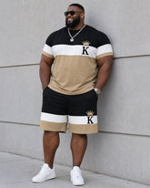 Big & Tall Men's Daily Leisure Simple Holiday Party Black & White & Khaki Chest King Printed Short Sleeve T-Shirt Shorts Set