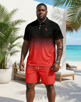 Big & Tall Men's Black & Red Feature Gradient Chest Small Label Printed POLO Shirt Short Sleeve Shorts Set