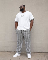 Big & Tall Men's Check Stitching Contrast Color Chest Slogan Printed Short Sleeve T-shirt Sports Pants Suit